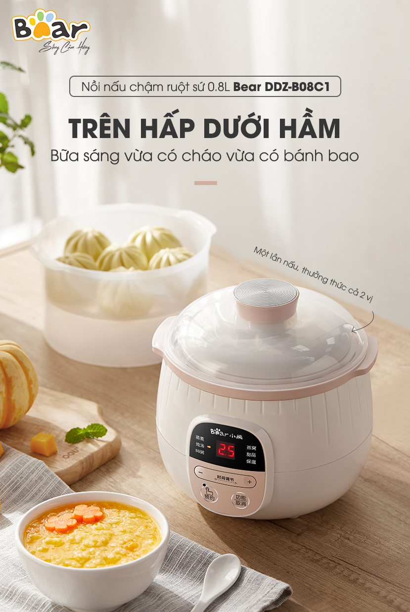 Nồi Nấu Chậm 1,6L Bear Chính Hãng Đa Năng Chưng Yến Điện Cách Thuỷ, Hầm Cháo, Nấu Cháo Chậm Cho Bé - Sube002 - Hàng Chính Hãng Bảo hành 18 Tháng