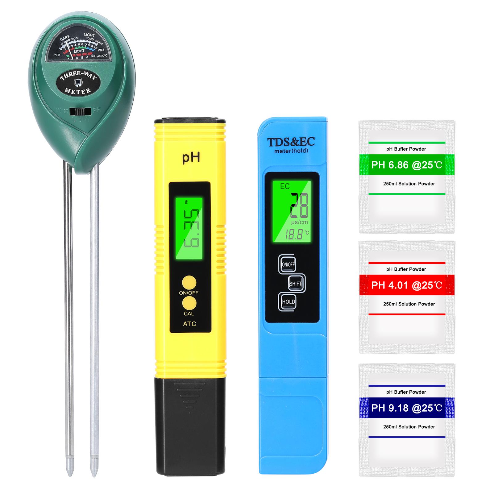 Professional PH Tester TDS/EC Test Pen Soil Moisture/PH/Sunlight Intensity Testers Garden Planting Soil Detector Multifunctional Soil and Water PH Test Tool Set Handheld Soil /Water Detect Device Kit