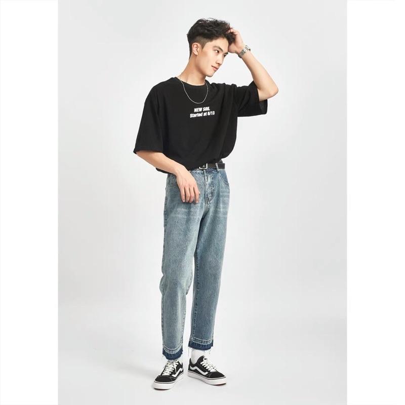 Quần jeans nam baggy ống đứng vải jeans cao cấp + áo thun đen