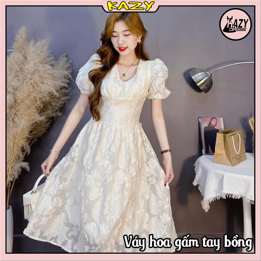 Váy hoa gấm tay bồng dáng xòe phong cách tiểu thư KAZY DRESS V051