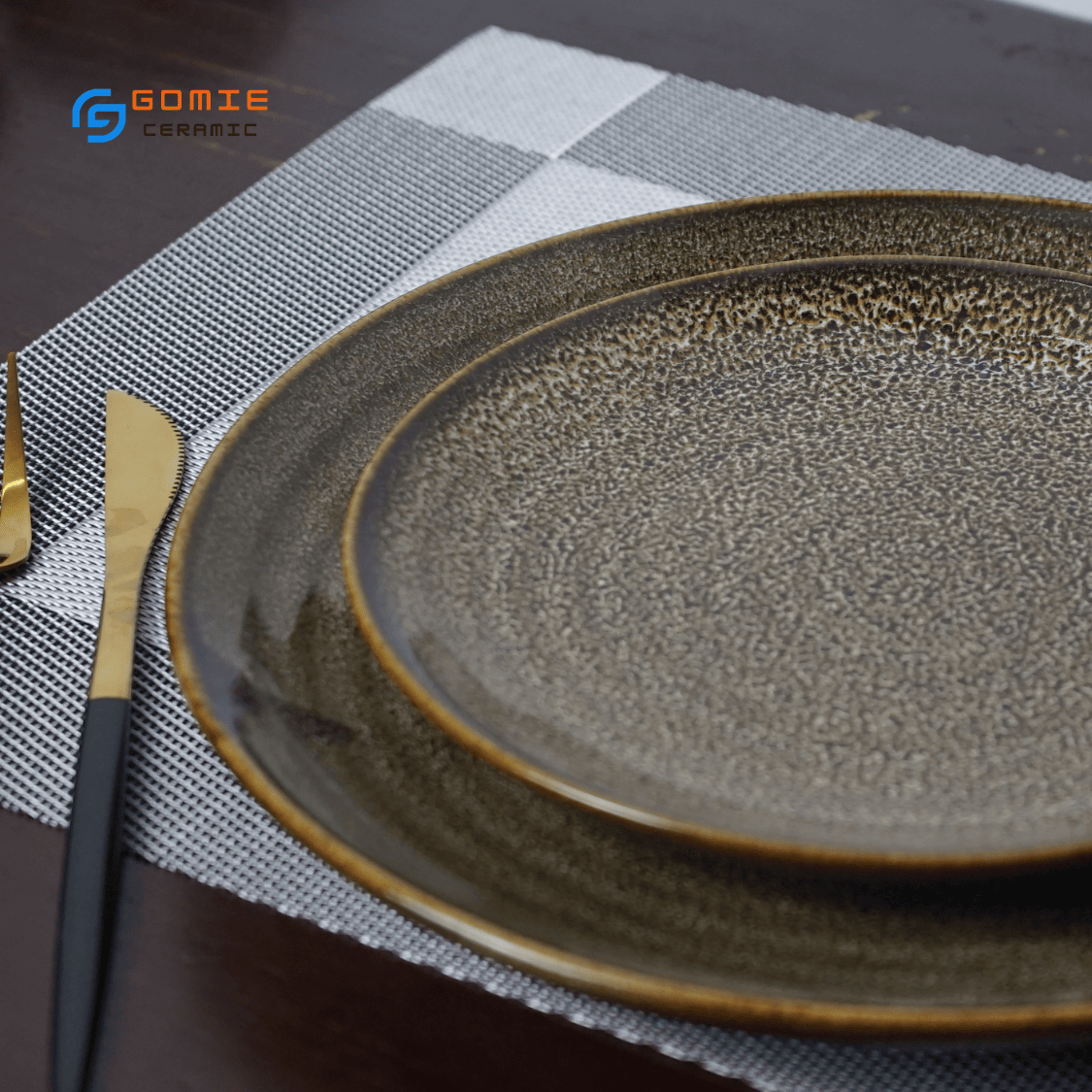 Đĩa tròn men nâu tuyết hỏa biến cao cấp GOMIE BÁT  TRÀNG chuyên dùng cho nhà hàng, khách sạn 5 sao