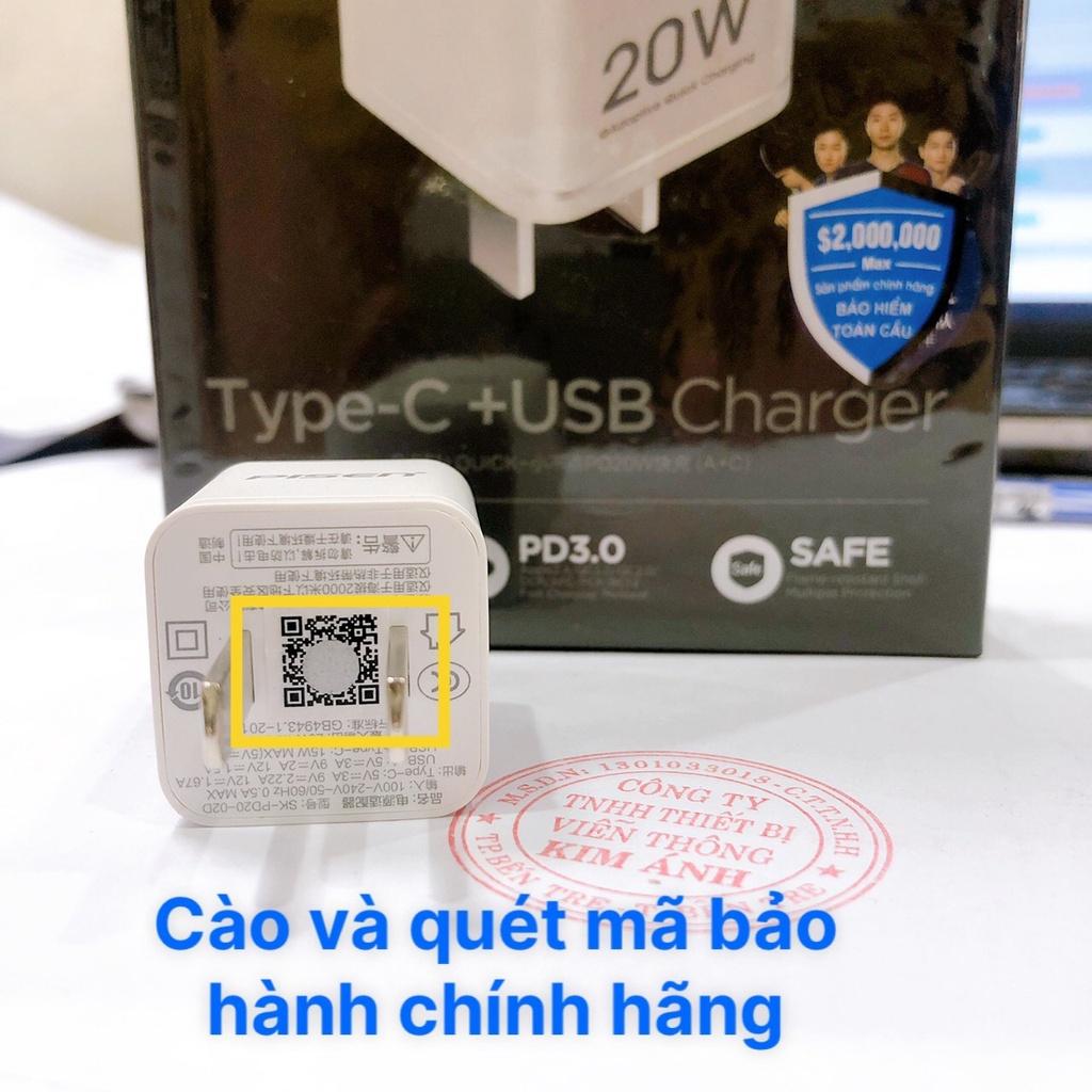 Cóc sạc nhanh 2 cổng Pisen Quick Teeny QP 20W, SK-PD20-02D hỗ trợ USB QC 3.0 18W &amp; TypeC PD 20W, Hàng chính hãng