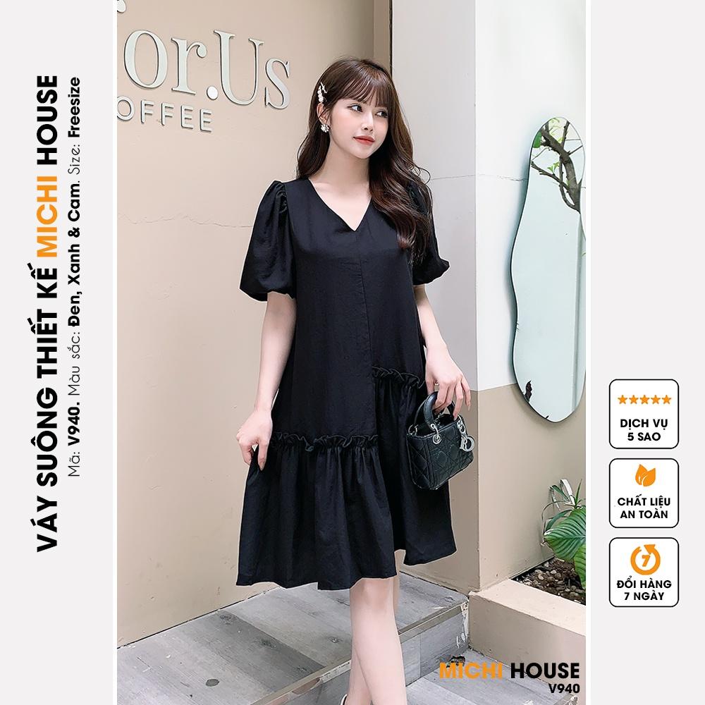Đầm Suông Đũi V940 MICHI House Váy Xuông Thiết Kế Cổ V Tay Bồng Dáng Ngắn Mặc Bầu Xinh Freesize Bigsize