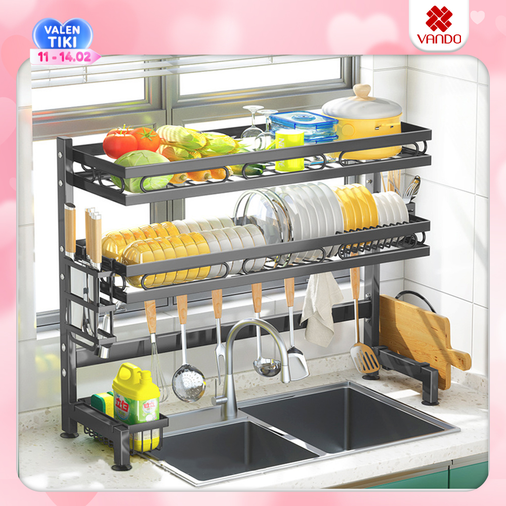 Kệ chén bát đa năng VANDO kích thước 2 tầng 95cm bằng thép carbon cao cấp không gỉ, giá để bát trên bồn rửa ráo nước cho nhà bếp sạch sẽ
