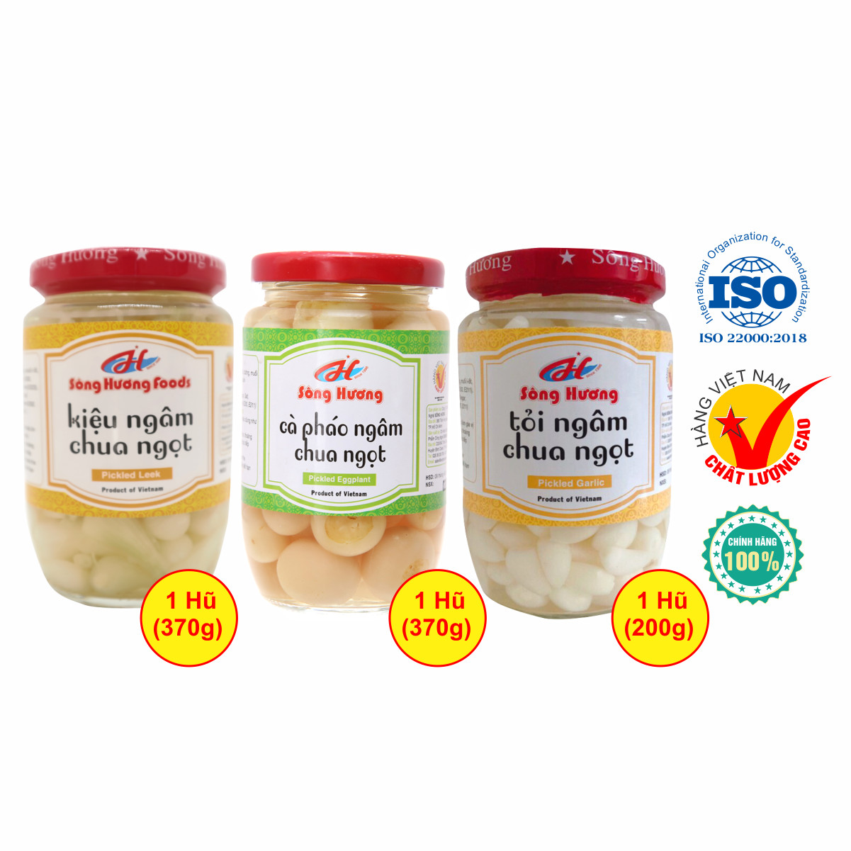 Combo 1 Hũ Củ Kiệu Ngâm Chua Ngọt 370g + 1 Hũ Cà Pháo Muối Ngâm 370g + 1 Hũ Tỏi Ngâm Chua Ngọt 200g Sông Hương Foods
