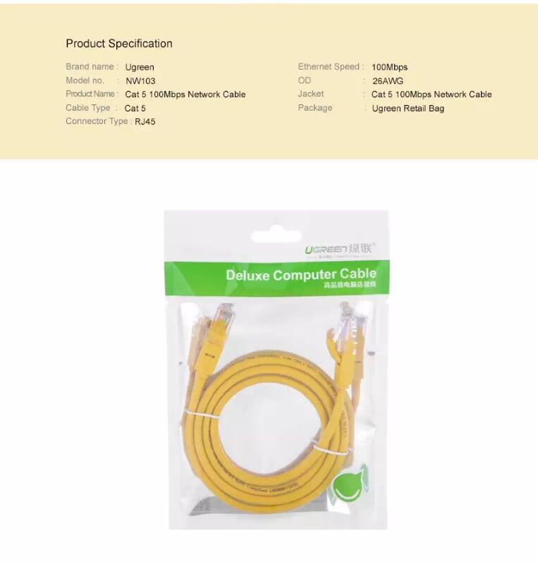 Ugreen UG11233NW103TK 5M màu Vàng Cáp mạng LAN CAT5E UPT - HÀNG CHÍNH HÃNG