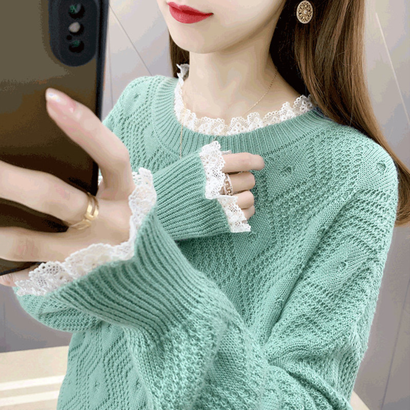 Áo len cổ tròn ren phong cách Hàn Quốc,Áo len nữ dài tay thu đông Haint Boutique Al50