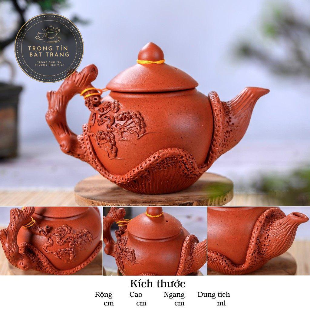 Bộ Ấm Chén Trà Đạo Gốm Tử Sa Bát Tràng Đắp Nổi Hoa Tùng Dáng Thủy Bình Dung Tích 400ml ATSML 04.1