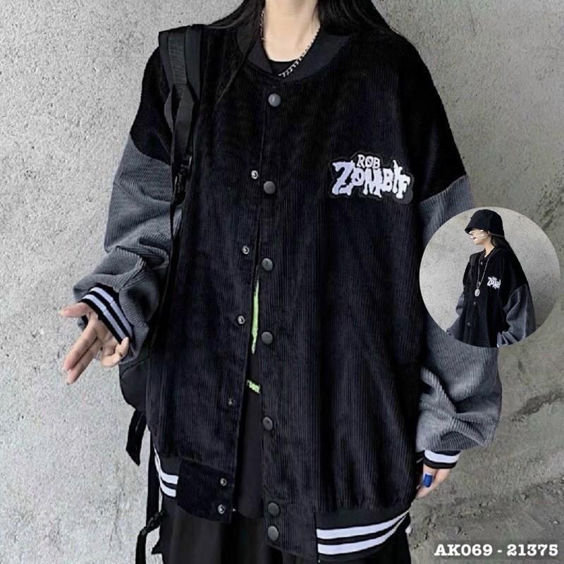 Áo Khoác Bomber Kaki Nhung Tâm Cao Cấp QC Khoác Kaki Form Rộng in 3D ZOMBIE , tay phối màu cực ngầu