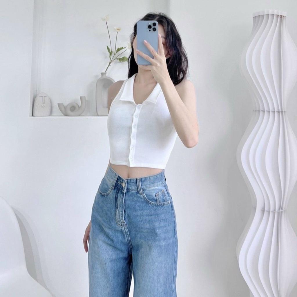 Áo thun ba lỗ dáng croptop bigsize nữ cổ bẻ nút kiểu thun gân co giãn G111 - Trắng