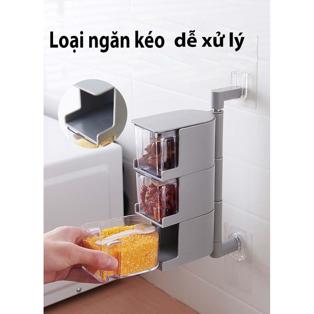 Kệ đựng gia vị treo tường 3 tầng - hộp gia vị nhà bếp xoay mở cao cấp