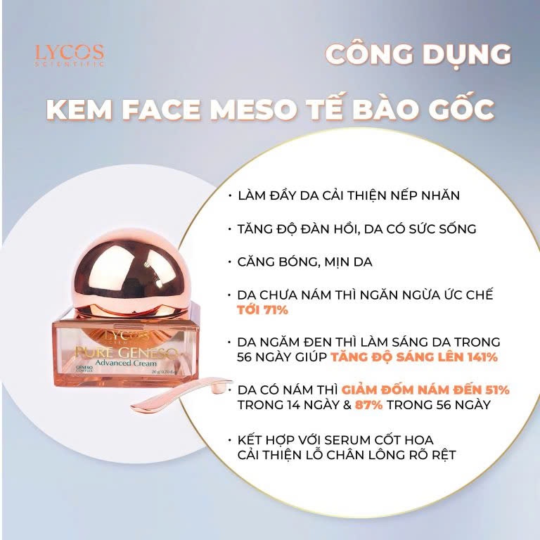 [MUA 1 ĐƯỢC 3] Kem Face Meso Tế Bào Gốc Pure Geneso Advanced Cream Lycos 20g: Sáng mịn, bật tone, giúp da căng mướt mịn màng ngay sau khi sử dụng