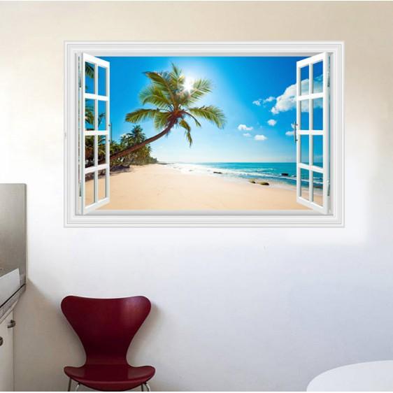 Decal trang trí khung cửa số 3D bãi  biển và cây Dừa lớn