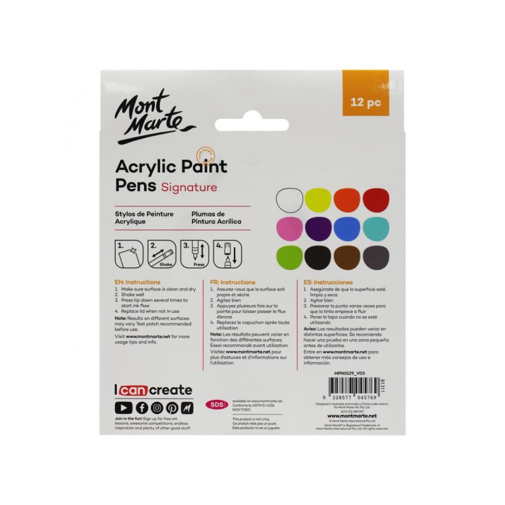 Bộ Bút Sơn Acrylic 1mm 12 Màu - Acrylic Paint Pens Mont Marte - MPN0129 - Vẽ Trên mọi chất liệu