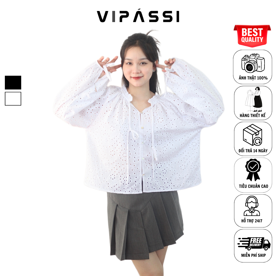 VIPÁSSI Áo Ren Nữ Dài Tay Phồng Cổ Nhún Bèo Dây Thắt Nơ
