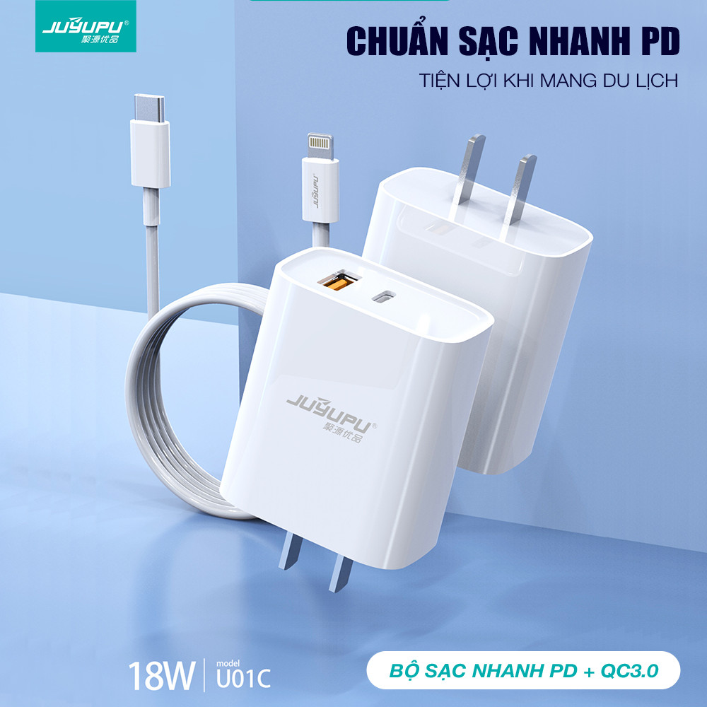 Sạc nhanh iPhone JUYUPU U01C PD QC3.0 18W cao cấp bộ sạc kèm dây sạc Type C to Lightning sạc điện thoại dành cho iPhone Samsung OPPO VIVO HUAWEI XIAOMI củ sạc - HÀNG CHÍNH HÃNG