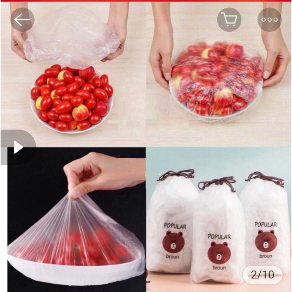 Túi 100 màng bọc thực phẩm nilong co giãn, Túi 100 Màng Bọc Thực Phẩm Có Chun Co Dãn Tái Sử Dụng Kèm Túi Gấu