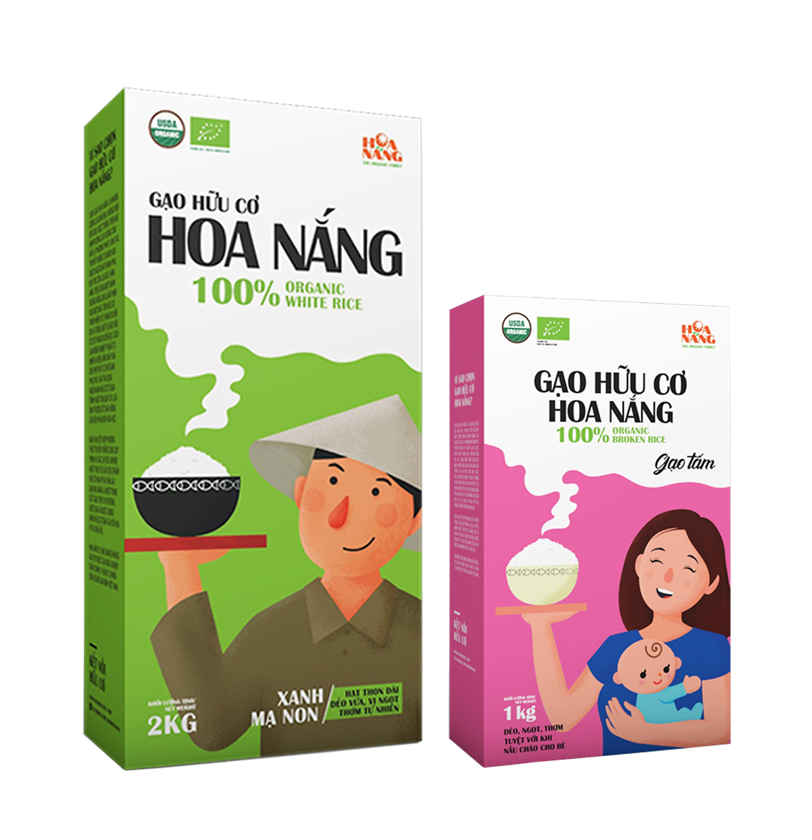 Combo 2 hộp Gạo hữu cơ Hoa Nắng: Xanh Mạ Non 2kg & Gạo Tấm 1kg