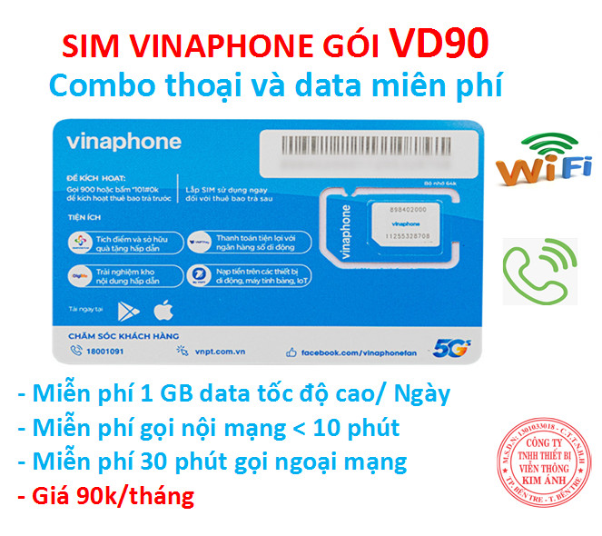 Sim nghe gọi dùng mãi mãi Vinaphone gói VD90 ưu đãi 1GB/ Ngày + miễn phí gọi chỉ 90k/ tháng, Hàng chính hãng