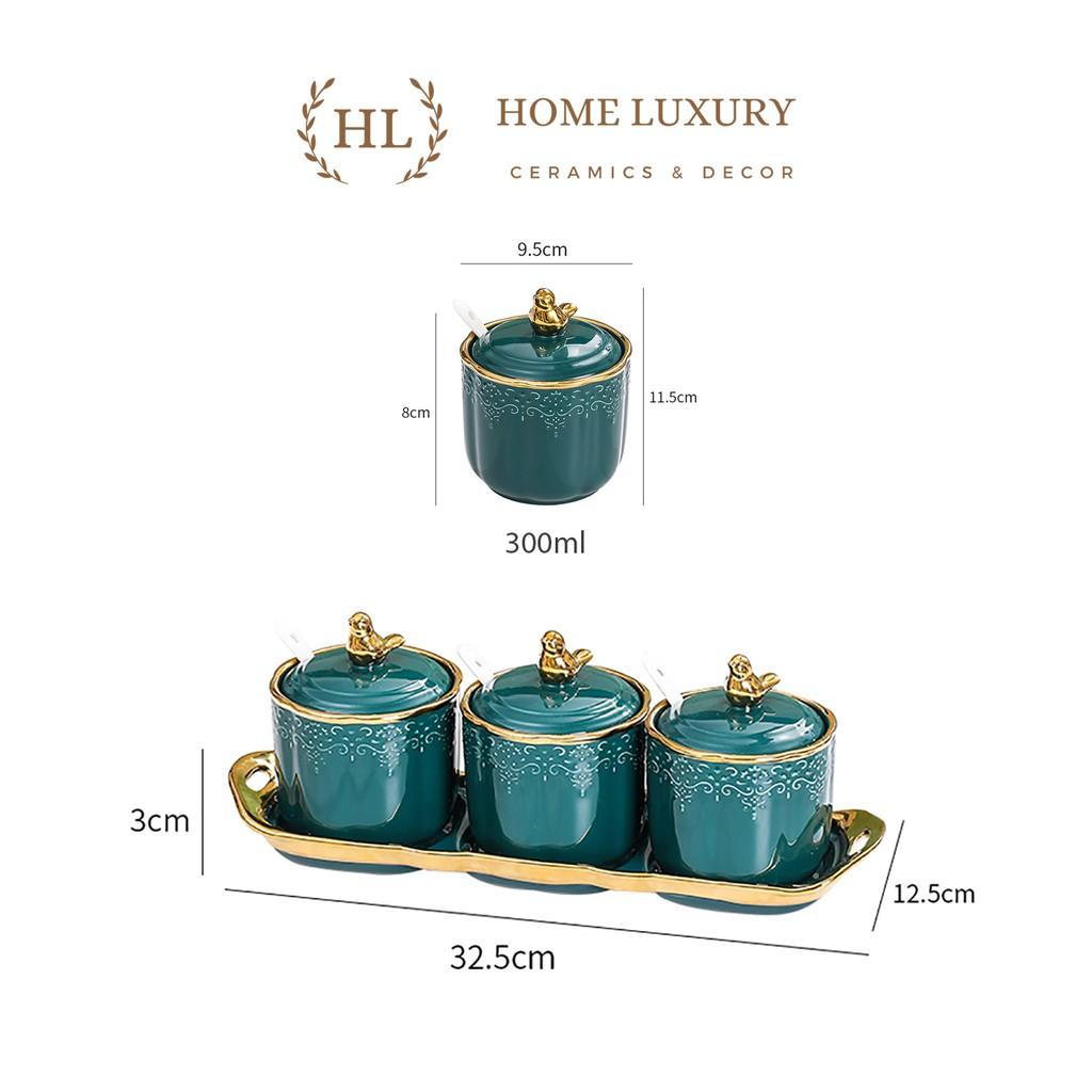 3 Hũ đựng gia vị chất liệu sứ vân sần kèm khay nắp Decor Chim 2022 | GIA VỊ SỨ CHIM XANH XÁM