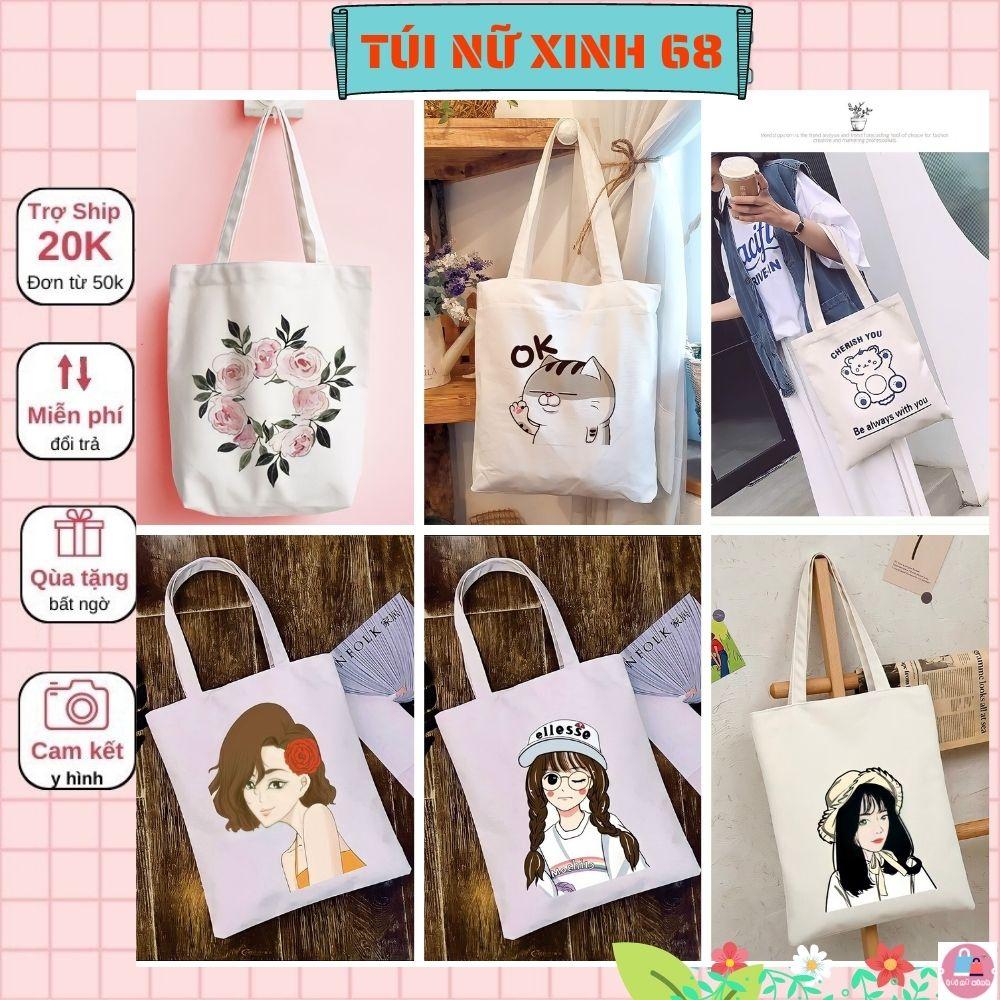 Túi tote túi vải canvas phong cách Hàn Quốc hoạ tiết cô gái và hoa đáng yêu Tuinuxinh68 554