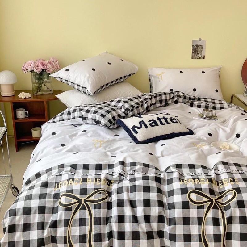 Set Chăn Ga Gối Cotton Living Dây Nơ 100% cottonHàng Nhập Khẩu Cao Cấp 4 Món Nơ Xinh Chấm Bi