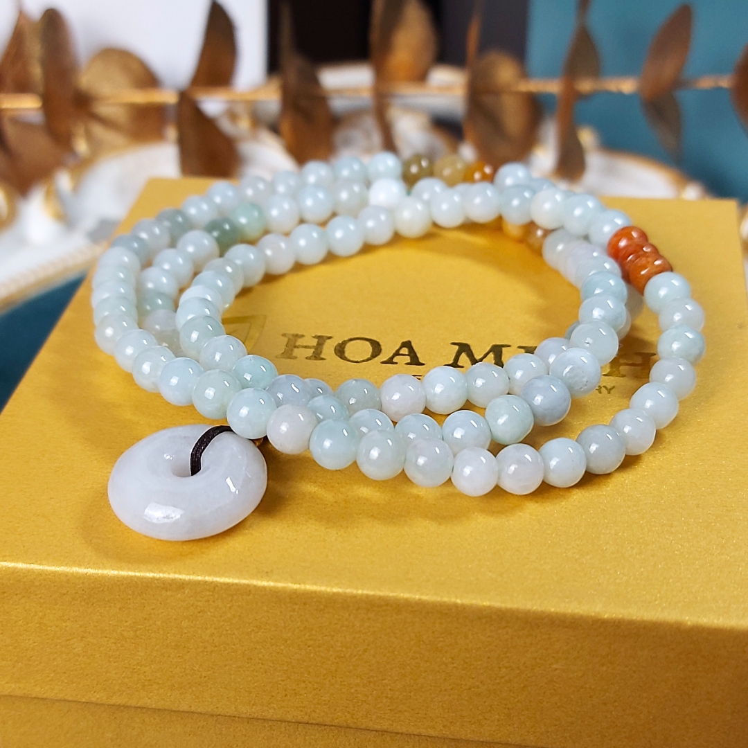 Vòng tay chuỗi 108 hạt Cẩm Thạch bạch ngọc nếp băng size hạt 5.5 li phối điếu cẩm thạch phong thủy tài lộc