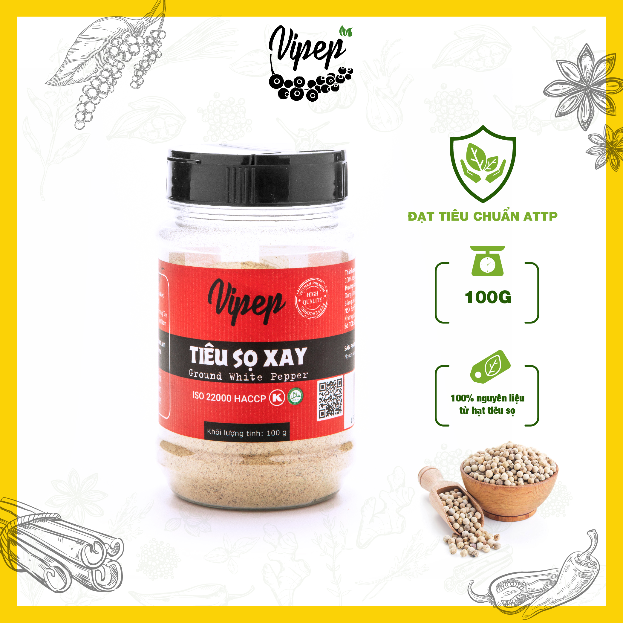 Tiêu sọ xay chính hãng Vipep từ 100% hạt tiêu sọ Đắk Lắk nguyên chất cho món ăn thêm đậm đà