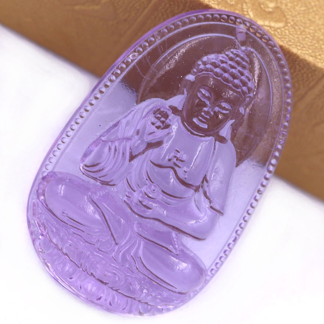 Mặt Phật A di đà pha lê tím 1.9cm x 3cm (size nhỏ) kèm vòng cổ hạt chuỗi đá đen + móc inox vàng, Phật bản mệnh, mặt dây chuyền