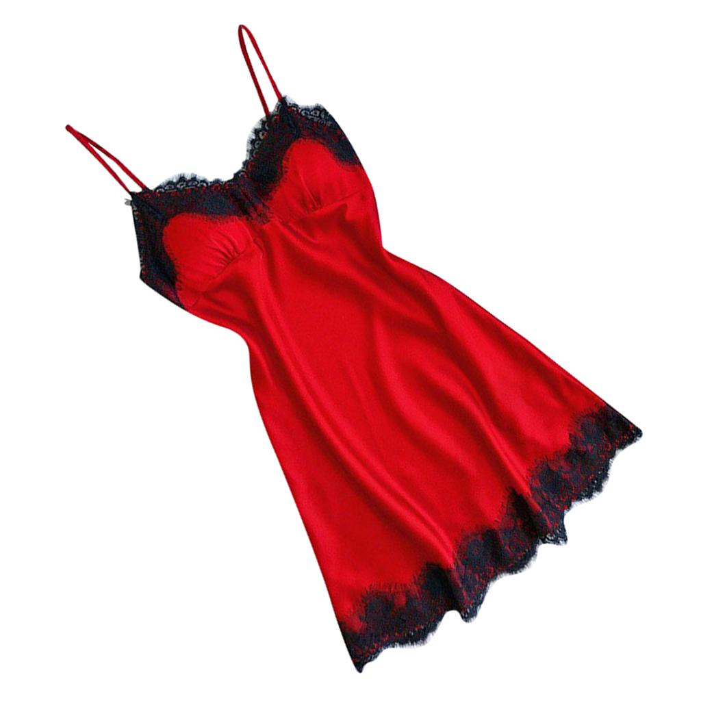 Women  Lace Trim Satin Nightdress Lingerie Sleepwear Night Gown