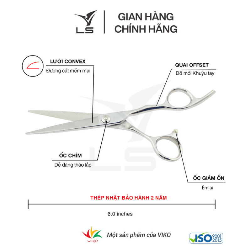 Kéo cắt tóc LS lưỡi thẳng quai offset vênh đỡ ngón cố định CB13L/6.0