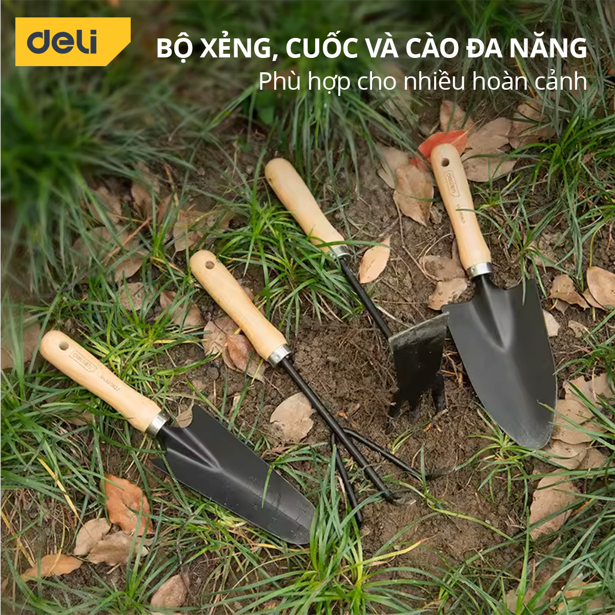 Bộ Dụng Cụ Làm Vườn 4 Món Cán Gỗ Chính Hãng DELI TOOLS - Xẻng, Quốc, Cào Đa Năng - Chất Liệu Cao Cấp, Chắc Chắn