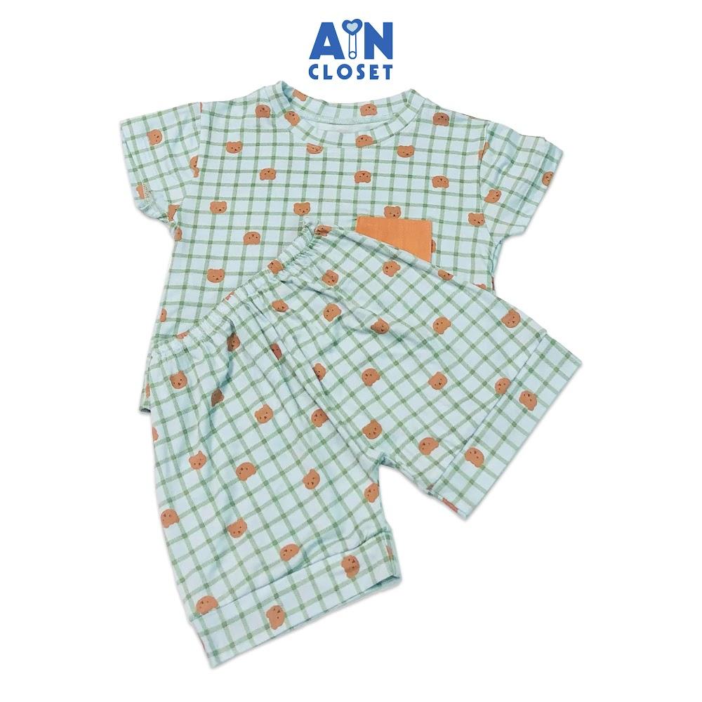 Bộ quần áo ngắn unisex họa tiết Caro gấu mint thun lụa - AICDBTTSUQT9 - AIN Closet