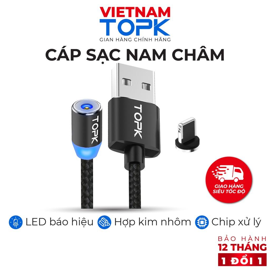 Dây sạc nam châm iPhone Type-C Micro USB TOPK AM23 Vỏ bện nylon dài 1-2m - Đèn LED - Hàng chính hãng