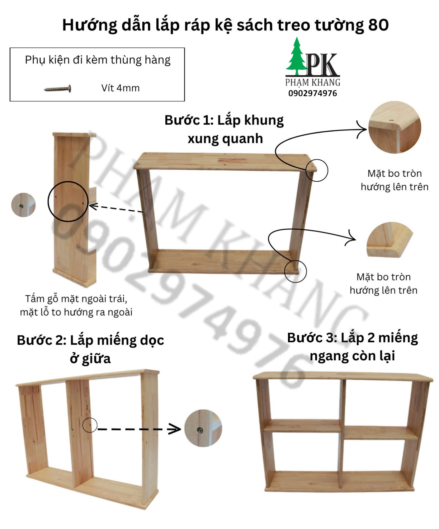 Kệ sách gỗ treo tường/ để bàn Phạm Khang - Gỗ cao su tự nhiên màu Gỗ Tự Nhiên/ Vàng Cherry - Kích thước rộng 80 cm