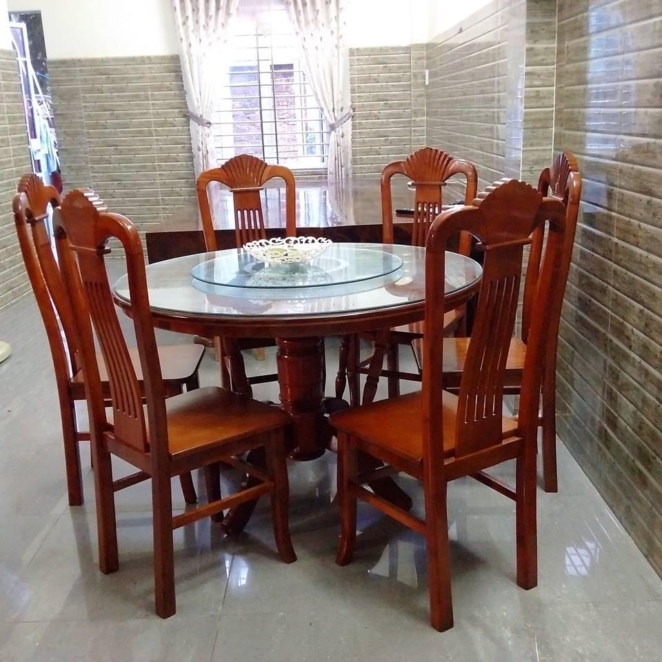 Bộ bàn ghế ăn tròn gỗ Xoan, loại bàn xoay kính
