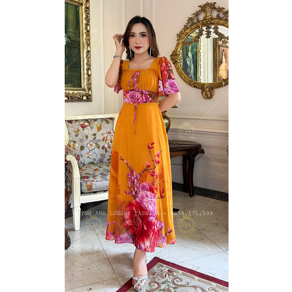 Đầm Xoè Hoa 3D Vàng Cổ Vuông Dập Ly Tay Loe Voan Cao Cấp Sandra Dress