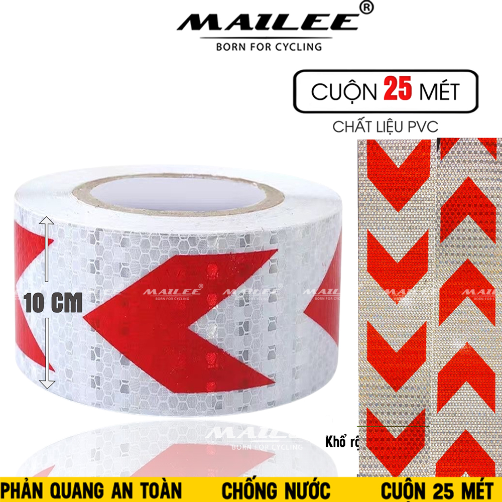 Băng Dính Phản Quang khổ rộng 10 cm x 25 mét, Cảnh Báo An Toàn Hình Mũi Tên Dùng Dán Xe Ô tô, Thùng Xe Tải, Định Hướng An Toàn, chất liệu PVC Chống Thấm Nước - Mũi Tên ĐỎ TRẮNG - Mai Lee