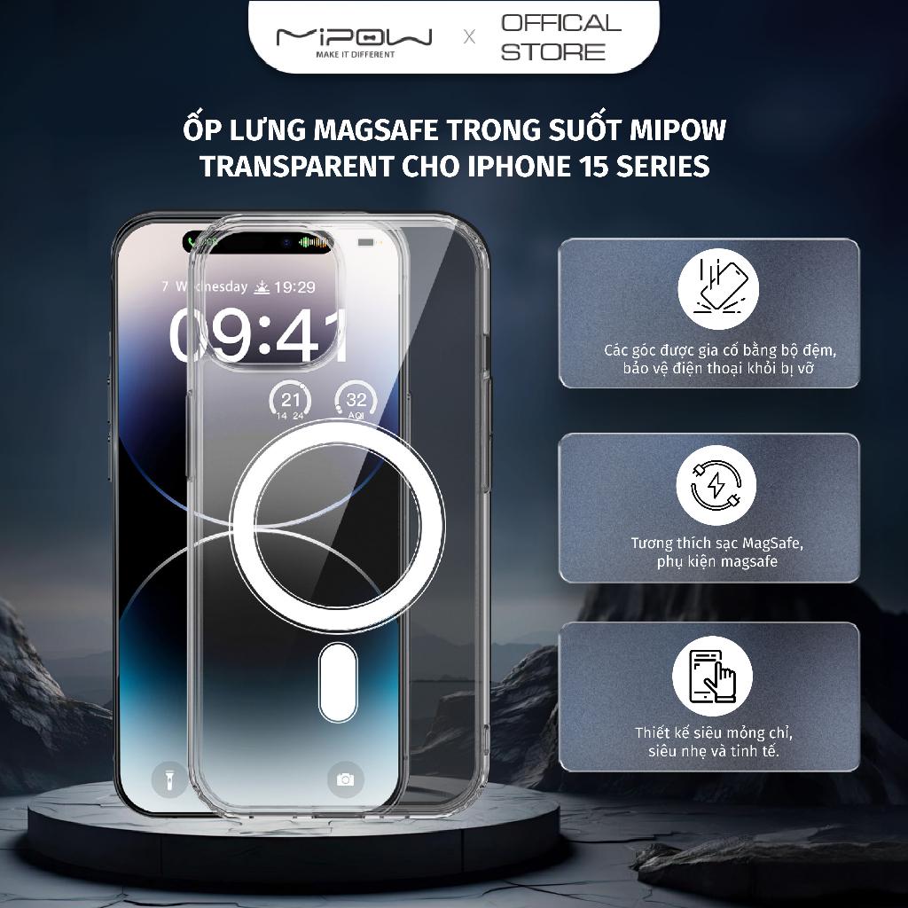 Ốp lưng trong suốt MIPOW Transparent cho iPhone 15 Series -Thiết kế tương thích sạc không dây, hàng chính hãng