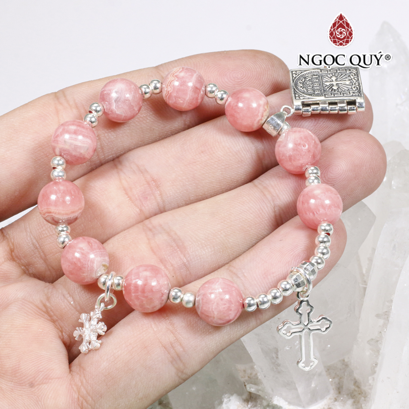 Vòng tay mân côi đá đào hoa rhodochrosite charm thánh giá bạc mệnh hỏa , thổ - Ngọc Quý Gemstones