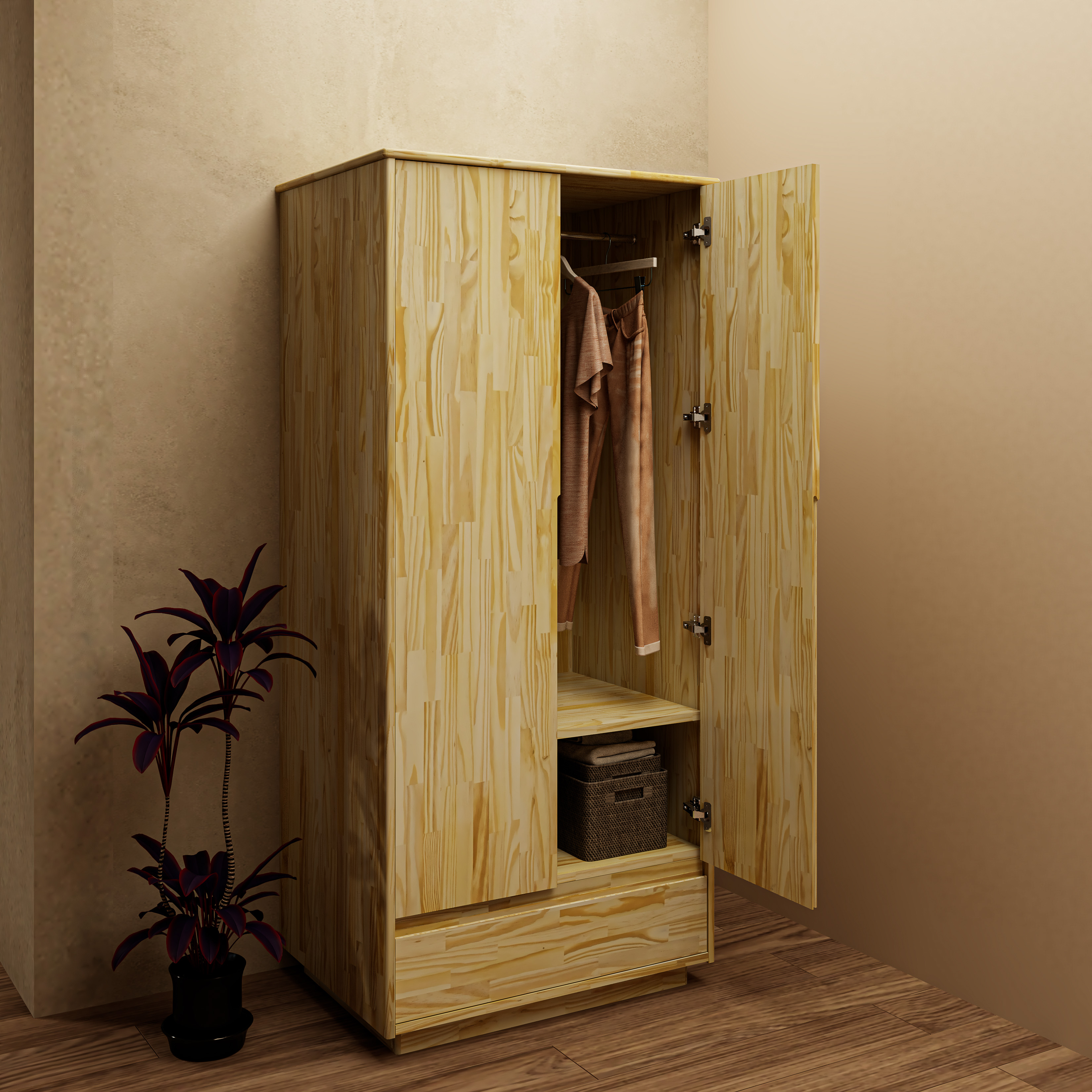 HAPPY FURNITURE , gỗ tự nhiên , Tủ quần áo 2 cửa mở 1 ngăn kéo - GALI , TCM_190 , 80cm x 59cm x 176cm