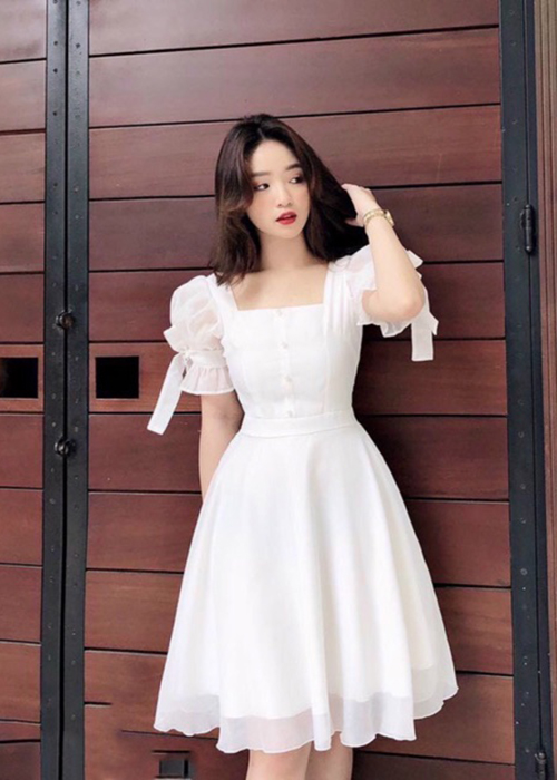 Đầm Voan 2 Lớp Đính Nút Tay Lững Thắt Nơ