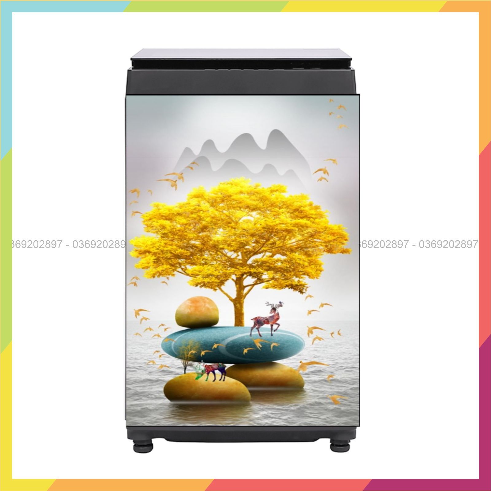Miếng dán máy giặt chất liệu decal chống nước, có keo mặt sau, hình in đẹp sắc nét keo bám chắc chắn