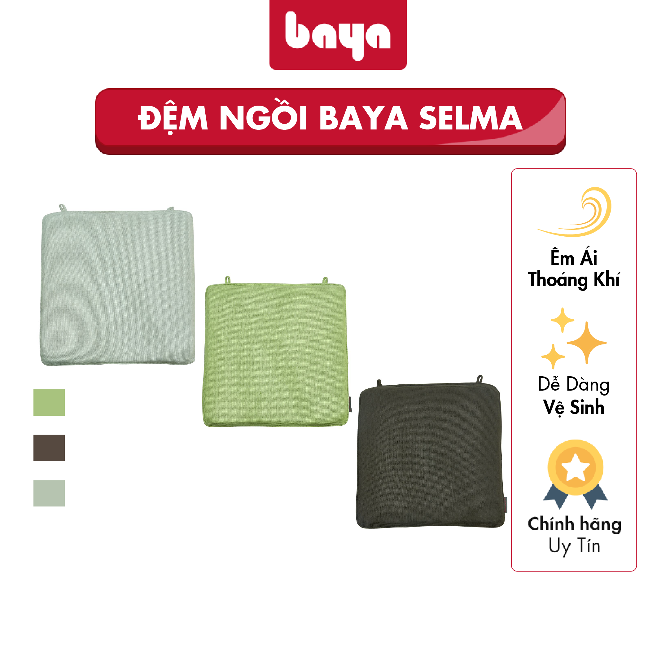 Đệm Ngồi Bệt Nệm Lót Ghế Hình Vuông BAYA Selma 3 Màu Chất Liệu Vải Tổng Hợp Có Thể Giặt Tay, Giặt Máy Kích Thước 40x40x3cm Nhỏ Gọn