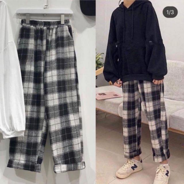 QUẦN NỮ , QUẦN SỌC CARO , QUẦN BAGGY CHẤT KATE NAM NỮ MẶC