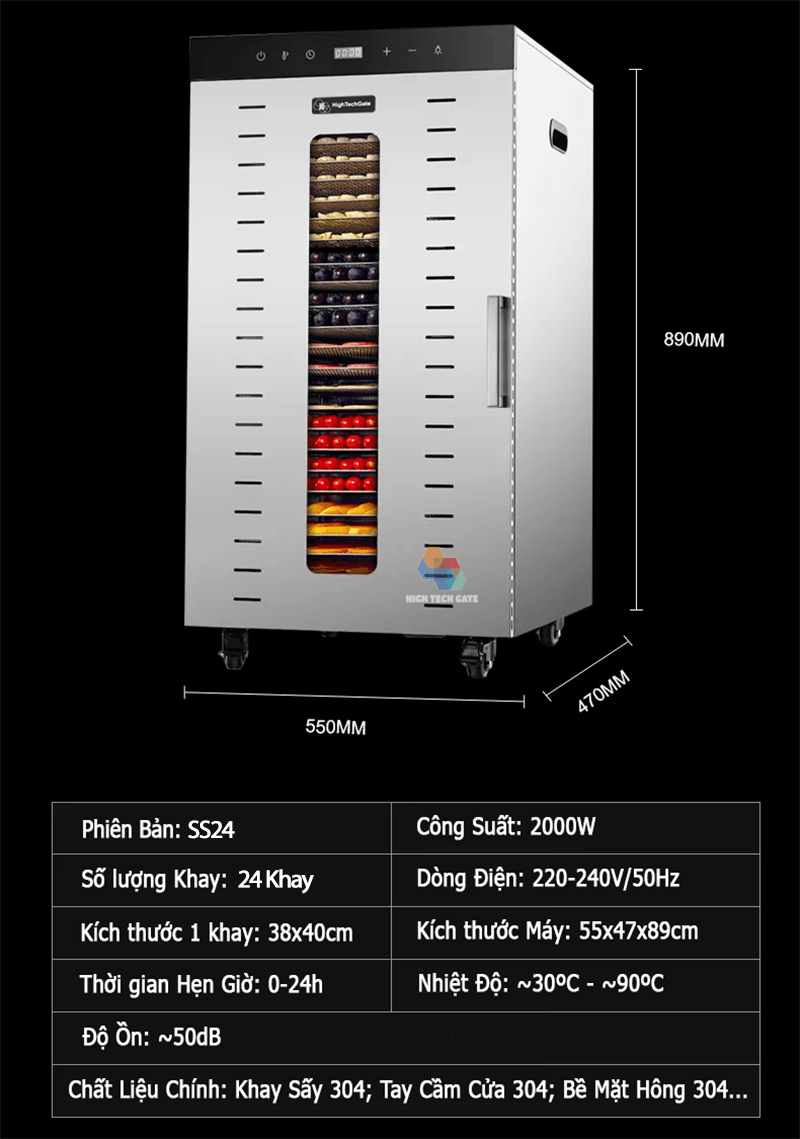 Máy Sấy Thực Phẩm 24 Khay SS24H Công Nghiệp, Tích Hợp 3 Quạt Sấy Bền Bỉ, Hẹn Giờ Đến 24 Tiếng, Nhiệt Độ 30-90ºC, Chất Liệu Khay Inox 304 An Toàn, Hàng Chính Hãng