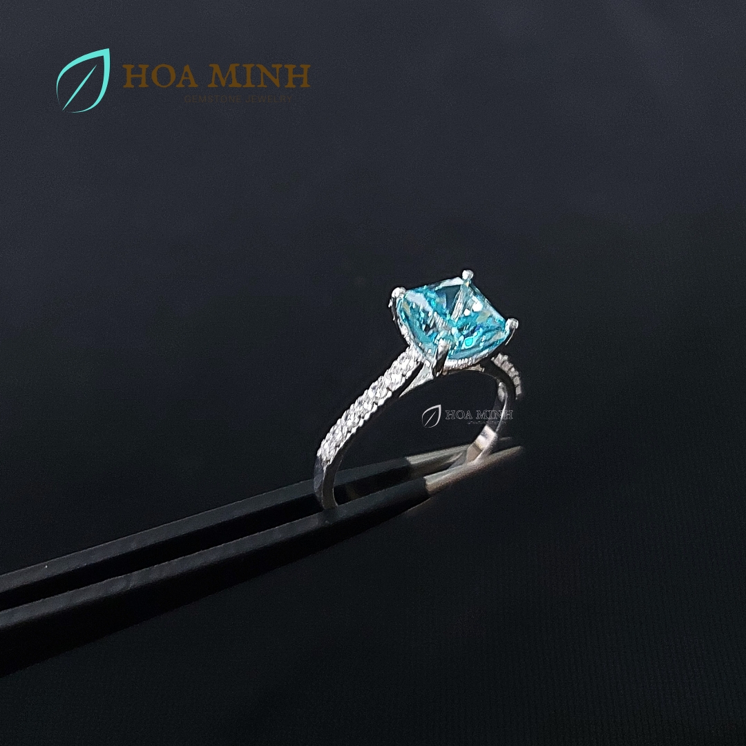 Nhẫn bạc nguyên chất bọc đá Nam Phi xanh Aqua vuông màu xanh aqua size 7 li đính tấm đẹp
