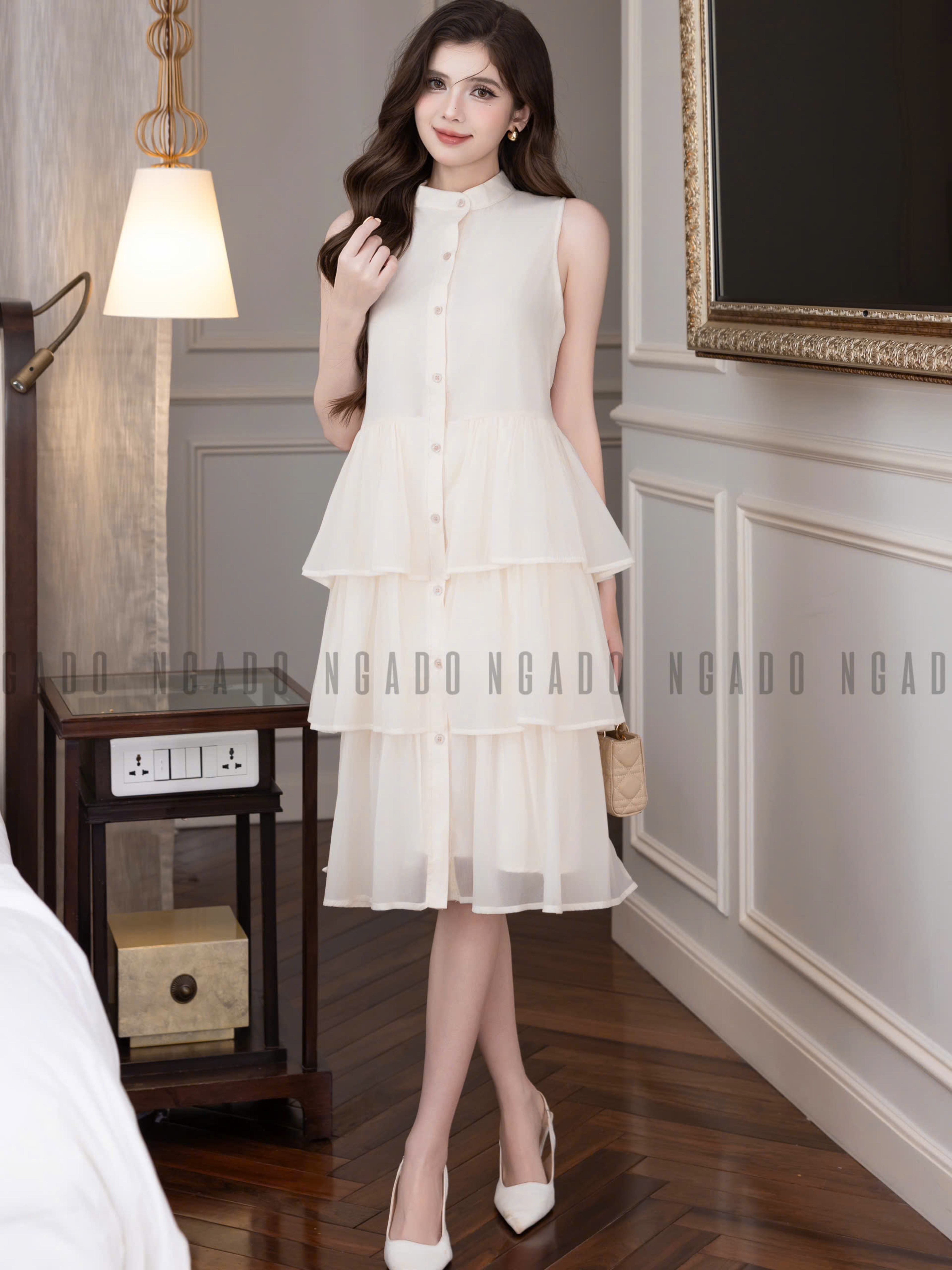 Đầm babydoll kem vàng cổ trụ NGADO , đầm babydoll , đầm Nữ