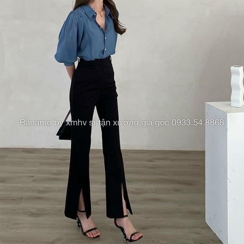 Quần vải ống loe xẻ trước cạp cao dáng xinh thời trang Banamo Fashion quần loe xẻ gấu 435