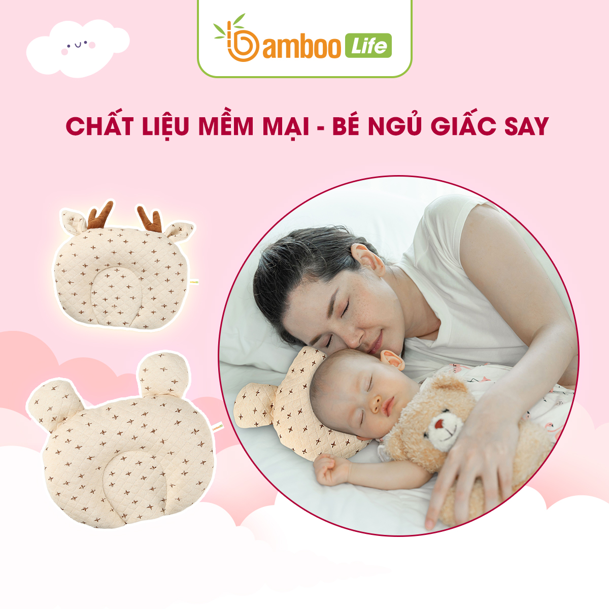 Gối chống bẹp đầu cho trẻ sơ sinh Bamboo Life Gối cao su non chống bẹp đầu méo đầu móp đầu Gối cho trẻ sơ sinh cao cấp êm ái BL101 hàng chính hãng